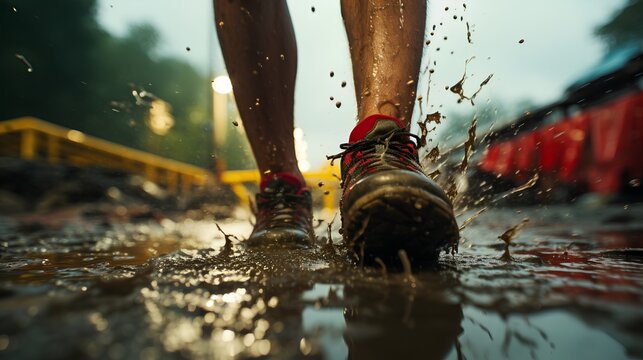A powerful image capturing the raw emotion of determination of a sports athlete. The image focuses on the athletes' dirty, gritty feet, splashing dirt as they push through their limits.