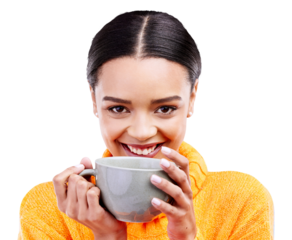 Coffee, cup and portrait of happy woman drink morning latte, hot chocolate or warm beverage, liquid or espresso. Happiness, matcha tea and girl smile with mug isolated on transparent, png background