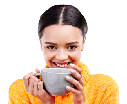 Coffee, cup and portrait of happy woman drink morning latte, hot chocolate or warm beverage, liquid or espresso. Happiness, matcha tea and girl smile with mug isolated on transparent, png background - Powered by Adobe