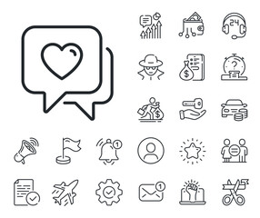 Love chat sign. Salaryman, gender equality and alert bell outline icons. Heart line icon. Valentine day symbol. Heart line sign. Spy or profile placeholder icon. Online support, strike. Vector
