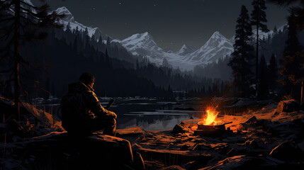 A man bivouacks outside in winter and sits in front of a campfire - obrazy, fototapety, plakaty