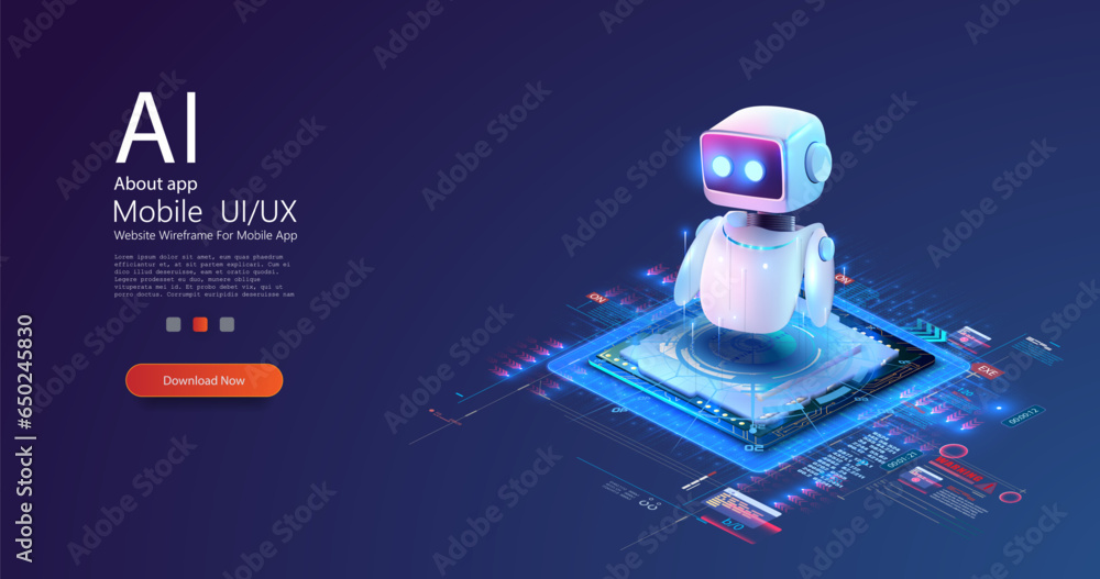 Poster isometric robotic on processor chip. 3d robot chatbot, ai in science and business. futuristic microc