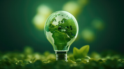 Renewable Energy.Environmental protection, renewable, sustainable energy sources. Green world map on the light bulb on green background .green energy. Renewable energy is important to the world	
