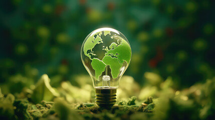 Renewable Energy.Environmental protection, renewable, sustainable energy sources. Green world map on the light bulb on green background .green energy. Renewable energy is important to the world	