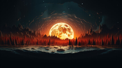 A bright moon rises over a forest