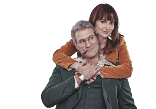 Hug, retro fashion or portrait of couple in a cool outfit style isolated on png transparent background. Smoking pipe, vintage people or romantic mature man with woman, love or care in funky clothes