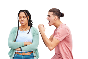 Loser, winner and people in competition with happy man and sad woman on isolated, transparent or png background. Person, celebrate and girl with arms crossed for gambling, fail or loss in a game