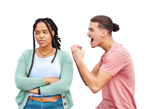 Loser, winner and people in competition with happy man and sad woman on isolated, transparent or png background. Person, celebrate and girl with arms crossed for gambling, fail or loss in a game