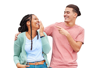 Couple, laughing and happy with smile, joke and isolated on a transparent png background. Enjoy,...