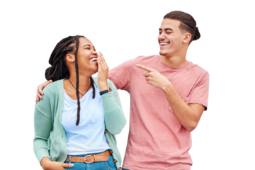 Couple, laughing and happy with smile, joke and isolated on a transparent png background. Enjoy, funny and crazy humour while touching, hands and together for story, comic and looking at each other