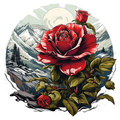An adventurous rose t-shirt design portraying a single rose placed atop a mountain peak, Generative Ai
