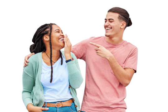 Couple, laughing and happy with smile, joke and isolated on a transparent png background. Enjoy, funny and crazy humour while touching, hands and together for story, comic and looking at each other - Powered by Adobe