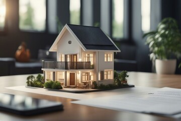 A concept holo 3D render model of a small living house on a table in a real estate agency - obrazy, fototapety, plakaty