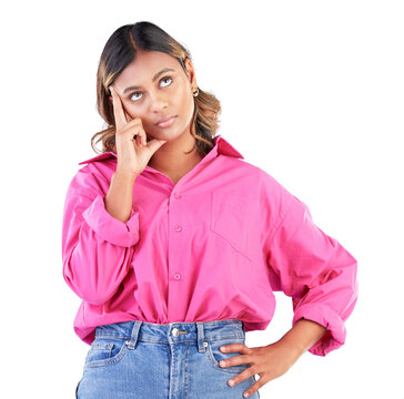 Thinking, face and frustrated woman rolling eyes with attitude on isolated, transparent or png background. Annoyed, bored and female model with emoji for fake news, whatever or gossip and drama