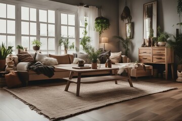 Obraz premium Boho-style interior design of the modern living room with rustic furniture near the window