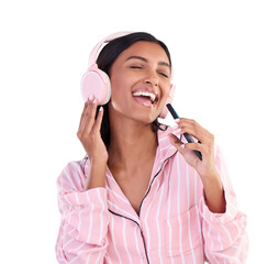 Woman, singing and headphones with phone, karaoke and isolated on a transparent png background....