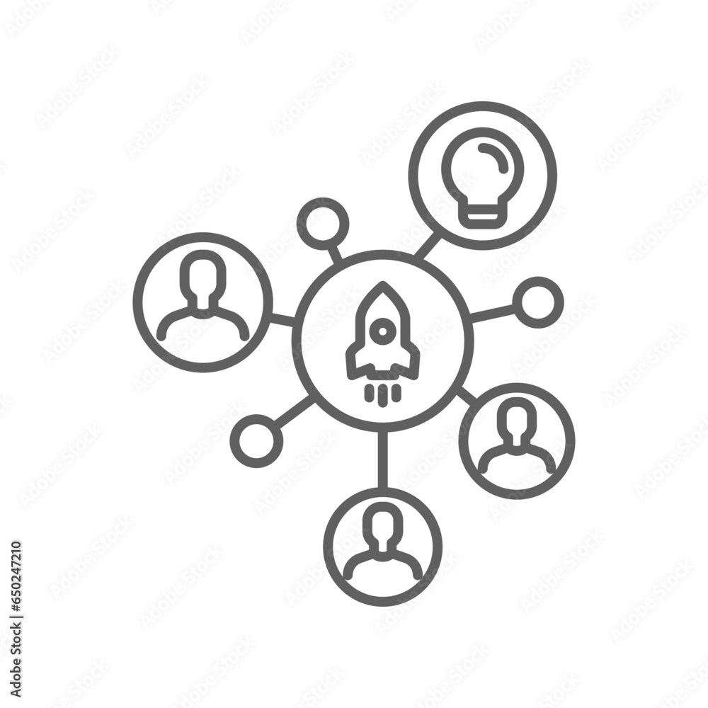 Aufkleber startup hub line icon. rocket launch and group networking for business startup incubator. online cro