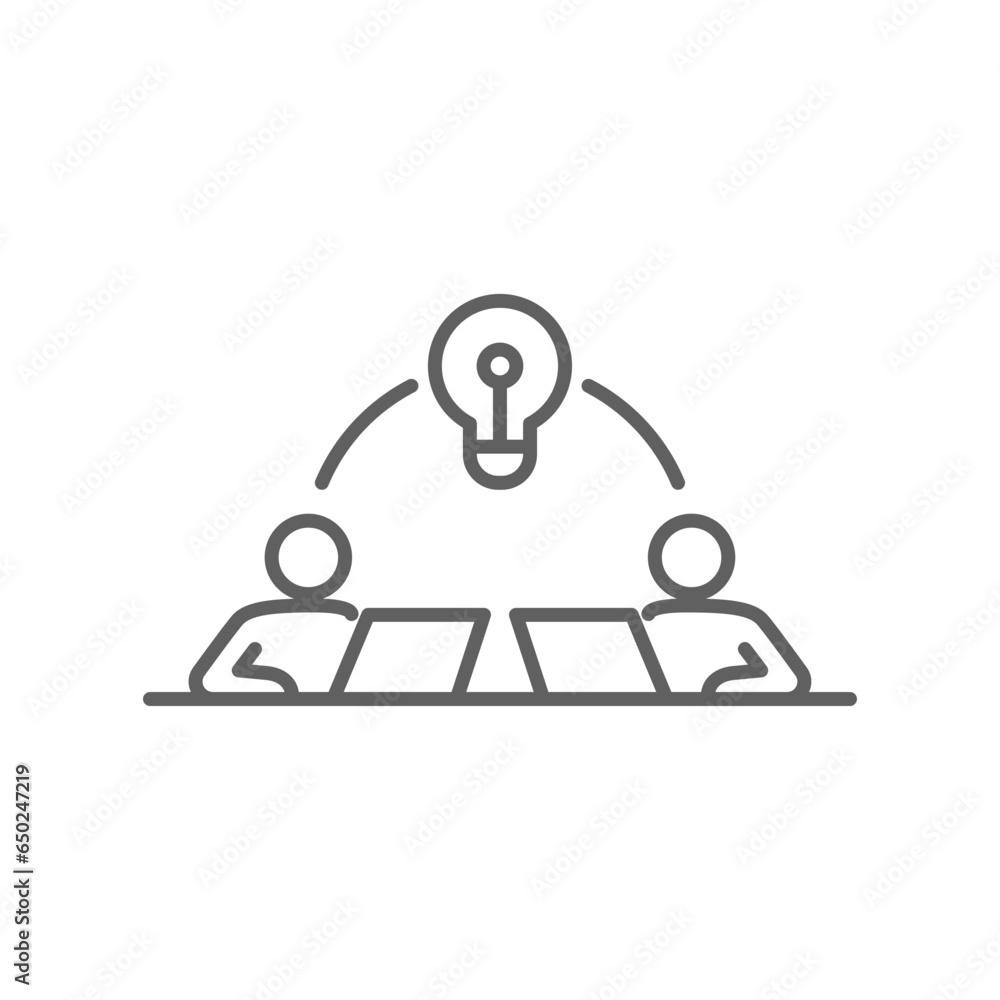 Poster startup hub connection outline icon. business people team working on web development optimization co