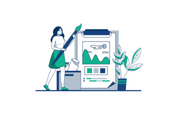 Design studio blue outline concept with people scene in the flat cartoon style. Girl creates pictures with her own design. illustration.