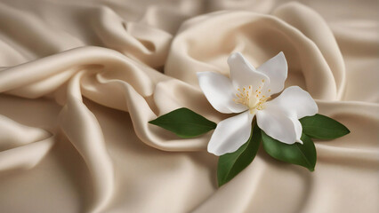a jasmine on the beige silk background - obrazy, fototapety, plakaty