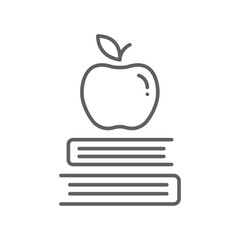 Apple on books knowledge line icon. School education symbol logo. Book stack and apple on the top for web mobile infographics. Editable stroke vector illustration design