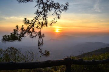 Beautiful natural landscape on a winter morning during sunrise at Phu Ruea National Park viewpoint,...