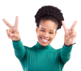 Happy, face and black woman with peace hands for thank you, vote or feedback on png transparent background. V, sign and portrait of person with good vibes, smile and freedom, support or self love