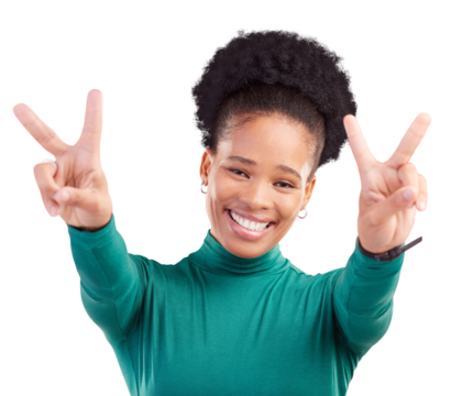 Happy, face and black woman with peace hands for thank you, vote or feedback on png transparent background. V, sign and portrait of person with good vibes, smile and freedom, support or self love