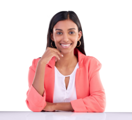 Portrait, smile and business woman at table in formal clothes isolated on transparent png background. Face, Indian employee at desk and happy professional consultant, confident entrepreneur or worker