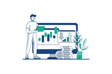 Stock market blue outline concept with people scene in the flat cartoon style. Financier analyzes data on cash flow in the company business. illustration.