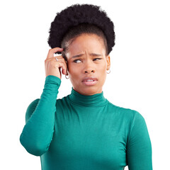 Thinking, confused and young black woman with idea face for scratching her head with question....