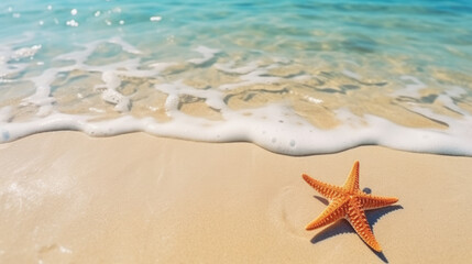 Fototapeta na wymiar Starfish on the sand beach in clear sea water.