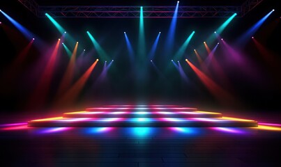 Empty stage with colorful light, photography studio indoor scene