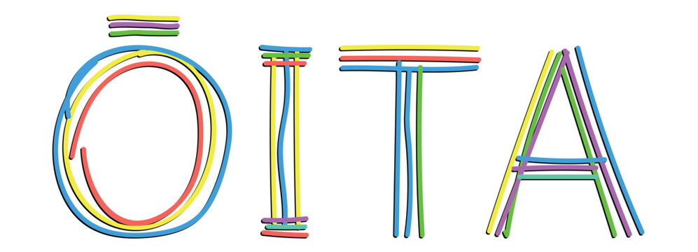 OITA. Isolate neon doodle lettering text, multi-colored curved neon lines, felt-tip pen or pensil. Japanese prefecture OITA for banner, Japan t-shirts, mobile apps, typography, web resources