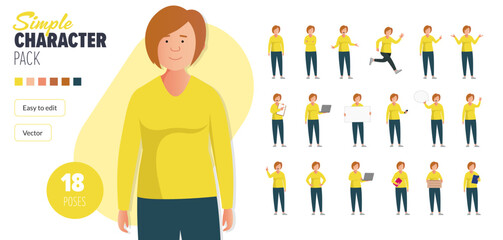 Simple flat female vector character in a set of multiple poses. Easy to edit and isolated on a white background. Modern trendy style character mega pack with lots of poses. 
