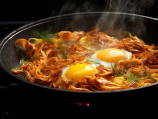 Oyakodon showing egg strands entwined with chicken on a hot sizzling dish, captured with a Nikon D850 camera, using a 100mm macro lens in ambient light --v 5.2 --ar 4:3 --no cutlery knives forks spoon