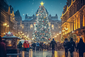 City Center with Large Christmas Tree -- use for backgrounds, cards, or text overlay - obrazy, fototapety, plakaty