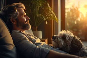 A young Caucasian man enjoying a moment of relaxation at home with his cute white beagle dog, showcasing their loving friendship.