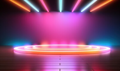 Empty stage with colorful light, photography studio indoor scene