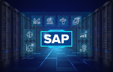 SAP Cloud Server System Software Automation - Enterprise Resource Planning (ERP) construction concept on virtual screen. - obrazy, fototapety, plakaty