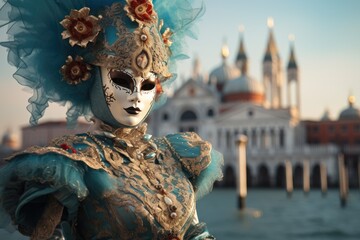 Single young female girl or woman in a beautiful blue venice carnival festive dress and white mask at venice near the gondola ready for masquerade and carnival at golden hour