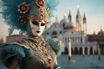 Papier Peint photo Gondoles Single young female girl or woman in a beautiful blue venice carnival festive dress and white mask at venice near the gondola ready for masquerade and carnival at golden hour