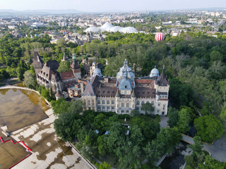 Fototapeta premium Drone view at Vajdahunyad castle on Budapest in Hungary