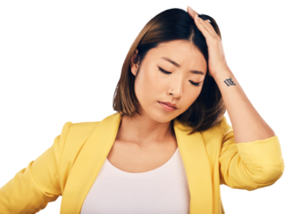 Anxiety, thinking and businesswoman with stress in crisis, accident or mistake for fail professional career. Frustrated, mental health and Asian female lawyer isolated by transparent png background.