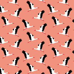 Birds Pattern, Stork Birds Pattern on Pink Background