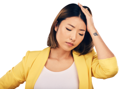 Anxiety, thinking and businesswoman with stress in crisis, accident or mistake for fail professional career. Frustrated, mental health and Asian female lawyer isolated by transparent png background.