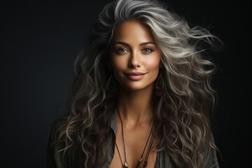 Generative AI picture of adorable elegant lady with long healthy wavy grey color hairdo