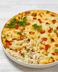 fusilli pasta bacon cheese chicken bake, top view