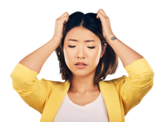 Stress, mental health and woman with headache, pain with anxiety and overwhelmed isolated on png transparent background. Psychology, burnout and fatigue with brain fog, breakdown for mistake or fail
