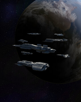 Deep Space Battle Fleet Assembly above an Alien Planet, 3d digitally rendered science fiction illustration
